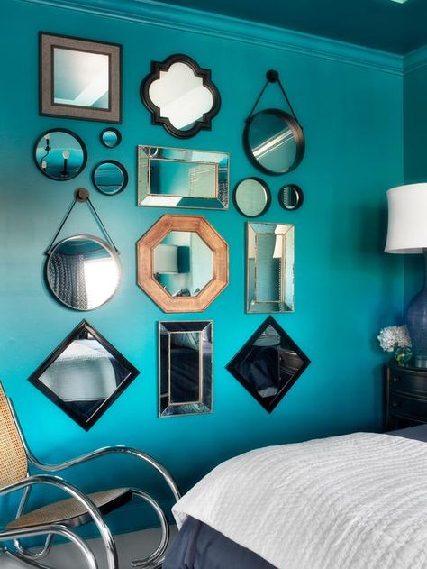 Try using some well-placed mirrors to open up your space and achieve some different and really cool effects that will make it feel as though you gave your home a face-lift! Aqua Blue Bedrooms, Wall Art Girls Bedroom, Teen Wall Art, Mirror Gallery Wall, Coastal Bedrooms, Trendy Bedroom, Diy Room, Blue Bedroom