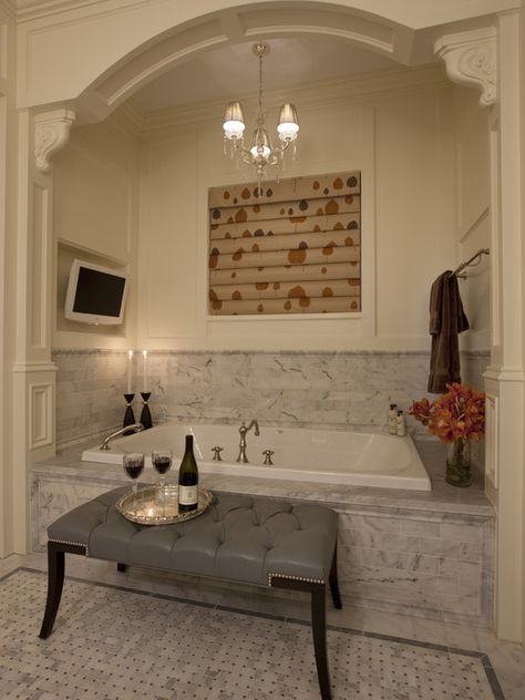 Bench in front of tub-- will do! :)     Bathroom Crown Molding Design, Pictures, Remodel, Decor and Ideas - page 6 Bathtub Alcove, Lowes Bathroom, Romantic Bathrooms, Bathroom Window Treatments, Drop In Tub, Traditional Bathroom Designs, Wall Cabinets, Tub Surround, Bathroom Tub