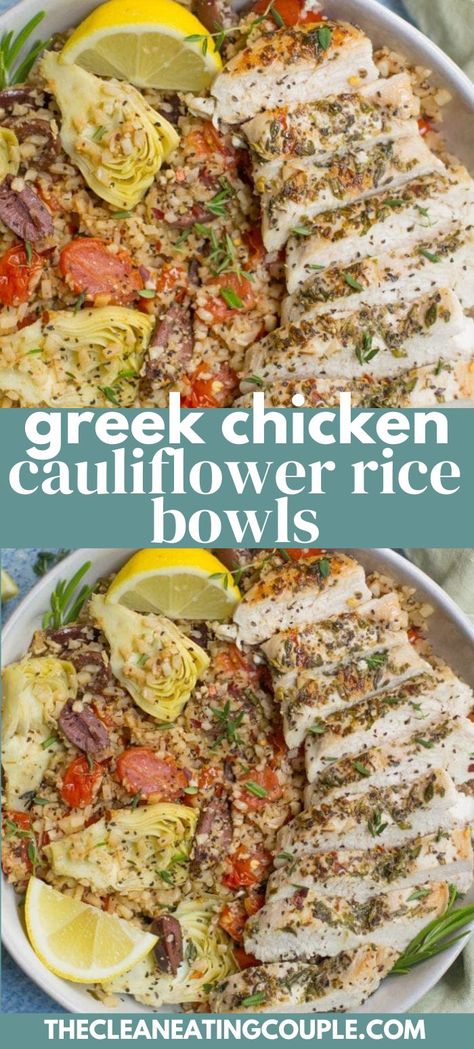 These Greek Chicken Cauliflower Rice Bowls are a delicious, easy meal! Naturally gluten free, keto, dairy free, Whole30 + paleo friendly! You can make them with grilled chicken or pan seared chicken - both are delicious! Chicken Cauliflower Rice, Keto Dairy Free, Healthy Grilled Chicken Recipes, Keto Dairy, Easy Whole 30 Recipes, Seared Chicken, Chicken Cauliflower, Pan Seared Chicken, Healthy Paleo Recipes