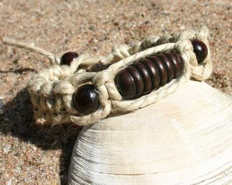 Handmade Surfer Phatty Thick Hemp Bracelet or Anklet With Wood Beads Girls Camp Crafts, Hemp Anklet, Leather Anklets, Hemp Bracelet, Girl Scout Crafts, Hemp Bracelets, Survival Bracelet, Ankle Chain, Beaded Anklets