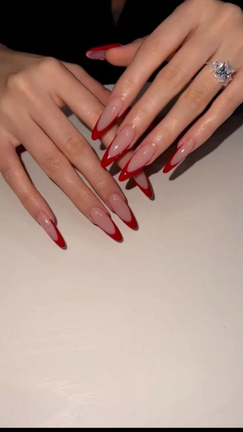 Nail French Oval, Ombre Red French Tip Nails, Classy Almond Christmas Nails, New Year’s Nails Almond, Red French Tip Almond Nails Long, Red Prom Nails Acrylic Almond, Long Almond Red French Tip Nails, Crimson French Tip Nails, Christmas Long Almond Nails