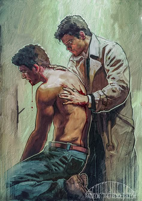 Castiel heals Dean Castiel Fanart, Sleep Art, Supernatural Drawings, Destiel Fanart, Supernatural Comic, Supernatural Fan Art, Drawing Styles, Supernatural Art, Supernatural Destiel