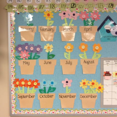 Birthday Garden: each month is a flower pot blooming with different birthdays. Daycare Calendar Ideas, Flower Birthday Board Classroom, Kindergarten Birthday Display, Ways To Display Birthdays In Classroom, Blooming Birthday Bulletin Board, Garden Birthday Board Classroom, Flower Birthday Wall Classroom, Birthday School Board, Birthday Ideas For Classroom Wall