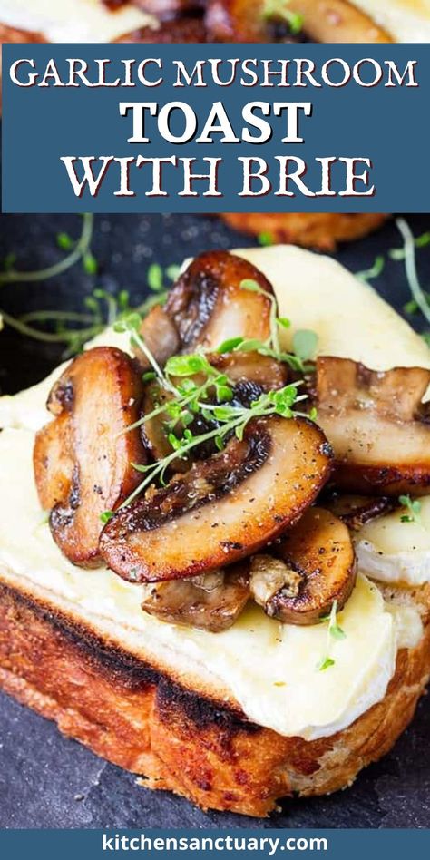 Elevate your brunch with this Garlic Mushroom Toast with Brie. Crispy toast topped with melted Brie and sautéed mushrooms infused with garlic and thyme. Each bite offers a perfect balance of creamy and savory flavors. This simple yet gourmet dish is perfect for a special breakfast or a light lunch that impresses with minimal effort. Brie Toast, Mushroom And Brie, Melted Brie, Mushroom Toast, Special Breakfast, Sautéed Mushrooms, Bite Size Food, Toast Toppings, Garlic Mushrooms