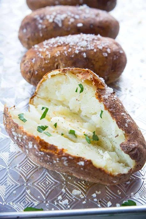 How to Make Salty, Crispy Skinned Oven Baked Potatoes - The Kitchen Magpie Salted Baked Potato, Oven Baked Potatoes, Crispy Baked Potatoes, Best Baked Potato, Perfect Baked Potato, Making Baked Potatoes, Potatoes In Oven, Potato Skin, Baked Potato Recipes