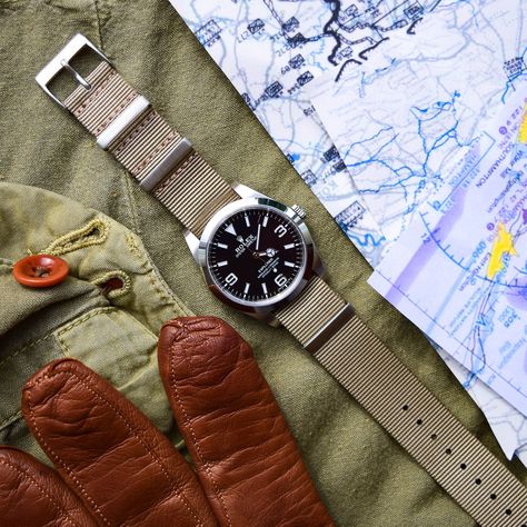 Rolex Explorer 214270 on a TAN Nato strap next to leather gloves and field gear. Atelier de Griff Rolex Explorer Nato Strap, Rolex Explorer 36mm, Rolex Explorer Ii White, Watch Photography, Men's Rolex, Stainless Steel Rolex, Gentleman Watch, Used Rolex, Rolex Diamond