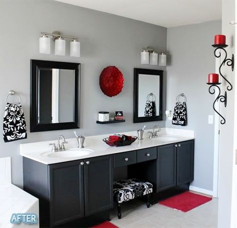 Red, black, and grey bathroom. Maybe with white wainscoting to make it fell more like a country farmhouse? Red Bathroom Decor, Best Bedroom Designs, Black Bathroom Decor, White Wainscoting, Gray Bathroom Decor, Bad Set, Bathroom Transformation, Bad Inspiration, Bathroom Red