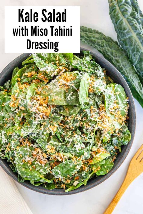 Miso Kale, Simple Kale Salad, Baby Spinach Salad, Baby Kale Salad, Miso Tahini, Baby Spinach Salads, Tahini Dressing Recipe, Miso Butter, Leafy Green Salads