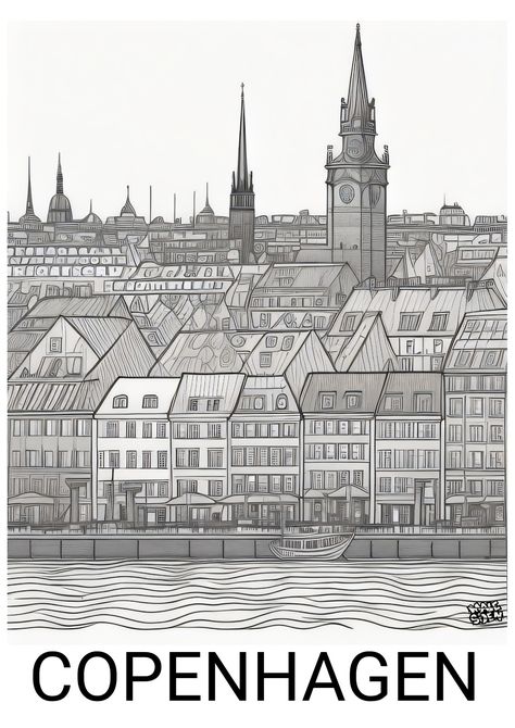 Coloringbook page København tegning Copenhagen Drawing, Copenhagen Skyline, Skyline Drawing, A4 Poster, Copenhagen, Drawings