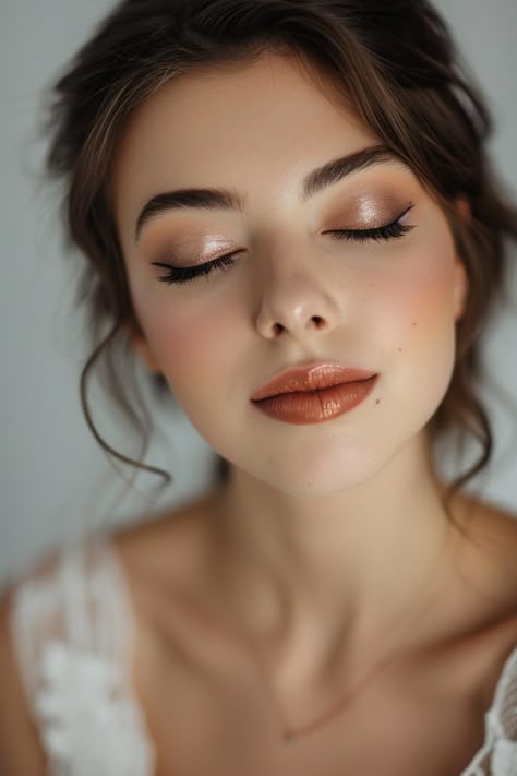 Makeup Looks Simple Glam, Brown Eyeshadow Bridal Makeup, Bridal Matte Makeup, Bridal Fairy Makeup, Simple Wedding Makeup Bridesmaid, Bridal Brown Eyes Makeup, Bridal Makeup Eyeshadow, White And Brown Makeup, Simple Event Makeup