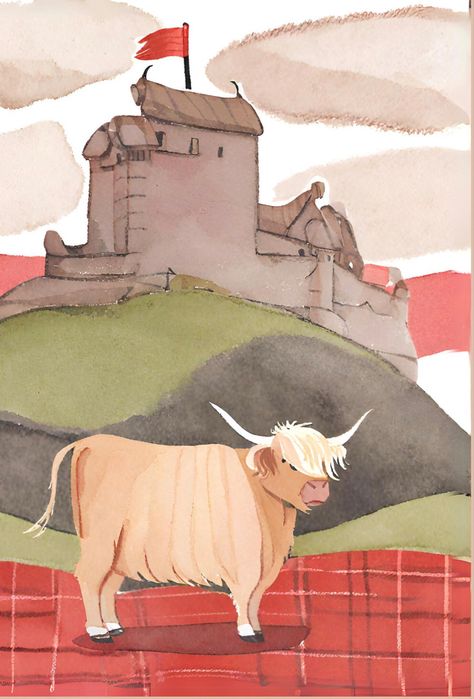 Scotland Animals, Scotland Watercolor, Cow Illustration, Scottish Highland Cow, Kids Painting, Scotland Castles, Minimal Wallpaper, Scotland Highlands, Scottish Castles