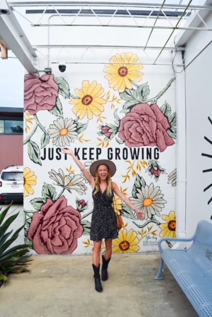 Just Keep Growing Mural by Tyler Kay Wall Murals Exterior, Selfie Wall Mural, Boutique Wall Mural, Salon Wall Mural, Indoor Murals Paintings, Salon Mural Ideas, Business Mural Ideas, Boutique Mural, Shop Mural