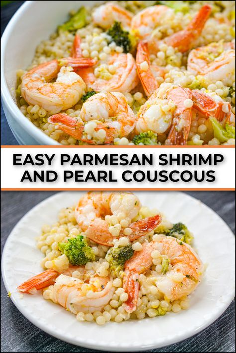 white bowl and plate with parmesan shrimp and couscous with text Lemon Shrimp Couscous, Shrimp Couscous Bowl, Shrimp Pearl Couscous, Couscous And Shrimp, Best Pearl Couscous Recipe, Casseroles With Shrimp, Seafood Couscous Recipes, Fish And Couscous Recipe, What To Make With Couscous