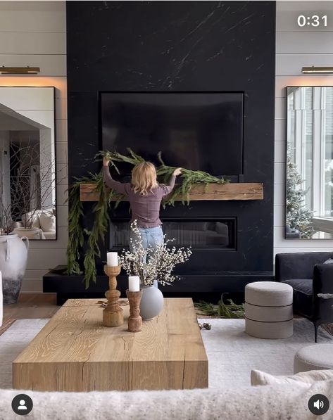 Black Modern Fireplace With Tv, Living Room Designs With Black Fireplace, Grey Modern Fireplace, Tall Black Fireplace Living Room, Fireplace Mcgee And Co, Masculine Fireplace Decor, Dramatic Tv Wall, Living Room Dark Fireplace, Electric Fireplace Focal Wall