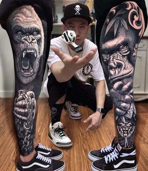 Animal Sleeve Tattoo, Gorilla Tattoo, Full Leg Tattoos, 13 Tattoos, Men Tattoos Arm Sleeve, Forarm Tattoos, Leg Tattoo Men, Leg Sleeve Tattoo, Sleeves Ideas