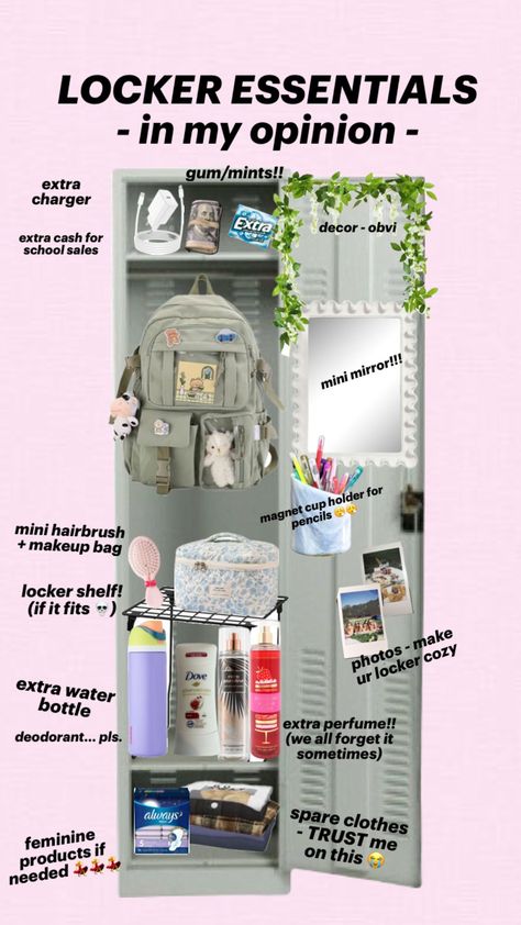 Locker Essentials Middle School, Locker Inspiration, School Locker Ideas, Cute Locker Ideas, Locker Essentials, High School Essentials, School Locker Organization, School Locker Decorations, Middle School Lockers