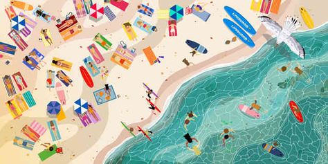 Bondi Beach | Birds Eye View Bedroom Birds Eye View, Birds Eye View Illustration, Childrens Book Illustrations, Beach Birds, Colourful Fashion, Outdoor Awnings, Beach Illustration, Art Camp, Summer Painting