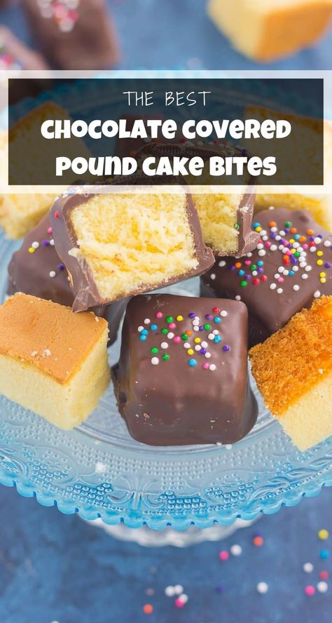 Chocolate Covered Cake Bites, Pound Cake Desserts, Leftover Pound Cake Ideas, Recipes With Pound Cake, Pound Cake Bites, Mini Bundt Pound Cake Recipes, Cold Oven Pound Cake Recipes, Mini Pound Cake Bites, Peach Cobbler Pound Cake Bites