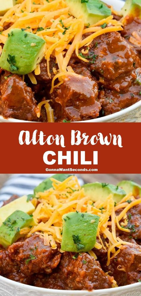 *NEW* Alton Brown chili is a hearty no bean chili with intense layers of robust flavor and plenty of fall-apart tender beef to satisfy that inner carnivore. #AltonBrownChili #Chili Brown Chili Recipe, Alton Brown Chili Recipe, Chili With Stew Meat, Steak Chili, Brown Recipe, Bean Chili, Alton Brown, Beef Stew Meat, Tender Beef