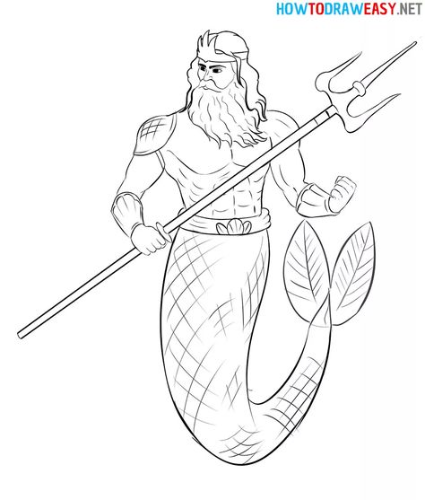 How to Draw Poseidon - How to Draw Easy Zeus Drawing Sketch, Zeus Drawing, Poseidon Drawing, Greek Drawing, Animal Stencil Art, Ancient Greece Art, God Drawing, Sea Drawing, Ancient Greek Art