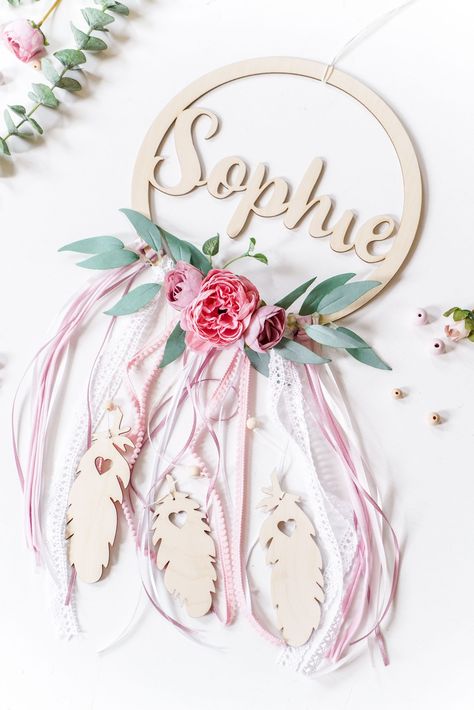 Dream Catcher With Name, Nursery Teepee, Lavender Nursery Decor, Floral Dream Catcher, Wooden Dream Catcher, Lavender Nursery, Wooden Feather, Purple Nursery, Kids Teepee Tent