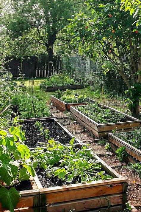 Raised garden beds filled with various plants and vegetables in a lush backyard garden, surrounded by green foliage and trees. Goth Vegetable Garden, Pottinger Garden, Backyard Garden Raised Beds, Paddock Fencing, Backyard Vegetable Garden Ideas, Garden Raised Beds, Garden Rows, Colorado Garden, Backyard Vegetable Garden