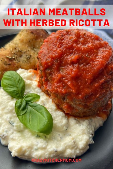 Italian Meatballs with Herbed Ricotta Creamy herbaceous whipped ricotta cheese topped with a large juicy Italian meatball. Serve it with a side of focaccia bread. Cheese Filled Meatballs, Whipped Ricotta Cheese, Easy Italian Meatballs, Herbed Ricotta, Ricotta Dip, Ricotta Meatballs, Baked Ricotta, Italian Meatball, Cheese Stuffed Meatballs