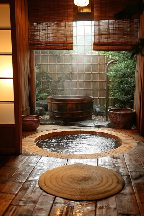 Ryokan Interior Japanese Style, Asian Spa Bathroom, Japanese Bath Tub, Japanese Onsen Bathroom, Japanese Styled Home, Japanese Style Bathroom Wet Rooms, Japanese Spa Design, Modern Japanese Apartment, Onsen Bathroom