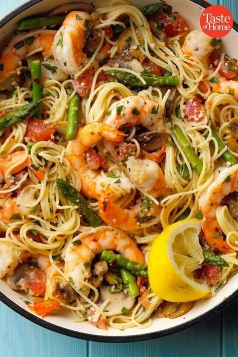 Asparagus ‘n’ Shrimp with Angel Hair Angel Hair Recipes, Shrimp Asparagus Pasta, Shrimp Asparagus, Pasta With Shrimp, Asparagus Pasta, Shrimp And Asparagus, Pescatarian Recipes, Shrimp Recipes Easy, Easy Shrimp