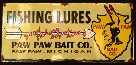 Paw Paw Bait Co Fishing Lure Porcelain Sign Retro Barber Shop, Basement Wine Cellar, Vintage Fishing Decor, Vintage Cabin Decor, Old Fishing Lures, Antique Fishing Lures, Barber Shop Decor, Vintage Fishing Lures, Bass Fishing Tips