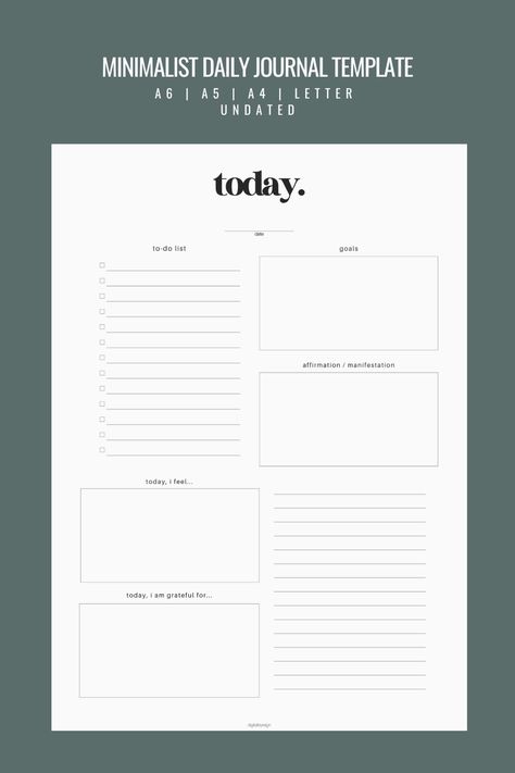 Minimalist Journal Template, Daily, Weekly, Monthly, Bullet Journal, Digital, Printable, PDF, A4, A5, A6, US LETTER, Planner

When I journal, I prefer a lot of free space. These templates are designed to give someone a lot of freedom on what they want to put and how they want their entries to look like. Minimal guidelines are placed like to-do lists, goals, weekly/monthly overviews for tracking your tasks, as well as gratitude and affirmations to practice wellness and mindfulness. Daily Journal Template Layout, Daily Planner Bullet Journal Layout, Task Journal, Monthly Bullet Journal, Minimalist Journal, Cute Daily Planner, Simple Daily Planner, Daily Work Planner, Create Your Own Planner