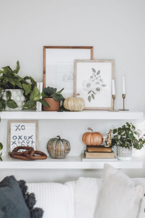 Boho Farmhouse Shelf, Fall Shelf Decor Ideas, Fall Bookshelf Decor, Bookshelf Decor Living Room, Farmhouse Shelf Decor, Boho Farmhouse Living Room, Fall Shelf Decor, Pumpkin Aesthetic, Boho Modern Farmhouse