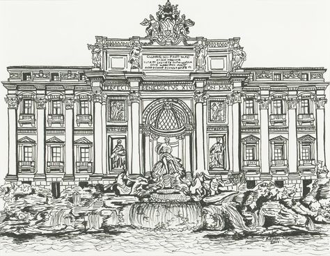 Trevi Fountain Sketch, Trevi Fountain Drawing, Trevi Fountain Tattoo, Fountain Tattoo, Italy Tattoo, Italian Tattoos, Galleria Vittorio Emanuele Ii, Architecture Sketchbook, Pen Art Drawings