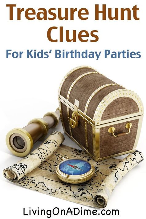 Treasure Hunt Clues for Kids Birthday Parties Pirate Party Scavenger Hunt, Pirate Party Treasure Hunt, Treasure Hunt Party Ideas, Treasure Island Birthday Party, Treasure Hunt Birthday Party Ideas, Pirate Scavenger Hunt For Kids, Treasure Island Party, Pirate Birthday Games, Pirate Treasure Hunt Clues