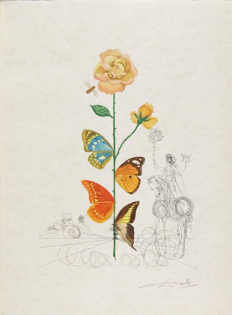 Salvador Dalí1904 - 1989FLORA DALINAE (MICHLER & LÖPSINGER 227-236; FIELD 68-3 A-J)The complete portfolio, comprising ten etchings with drypoint and pochoir printed in colors, 1968, each signed in pencil and inscribed 'E.H.', a proof aside from the numbered edition of 175, hinged to tabs in the binding, on japon nacré paper, with title pages and justification, printed by l'Atelier Rigal, Paris and l'Atelier d'Art L'Ibis, Paris, published by Maurice Gonon, contained in the original tan suede-c Favorite Tattoos, Beautiful Bugs, Salvador Dali, Bukowski, Art Business, Tattoo Idea, Art Auction, Dali, Art Moderne