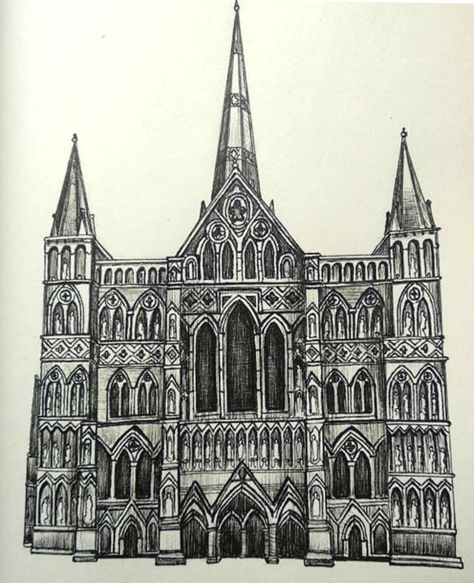 Salisbury Cathedral Drawing, Gothic Architecture Drawing Easy, Cathedral Drawing Easy, Europe Drawing, Epic Architecture, Cathedral Drawing, Gothic Architecture Drawing, Nice Landscape, Town Drawing