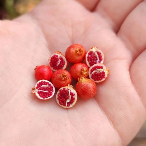 Moon Lighting - A handful of pomegranates in miniature. | Facebook Pomegranate Clay Art, Polymer Clay Pomegranate, Bordem Busters, Clay Pomegranate, Moon Lighting, Polymer Clay Magnet, Clay Magnets, Clay Stuff, Miniature Cake