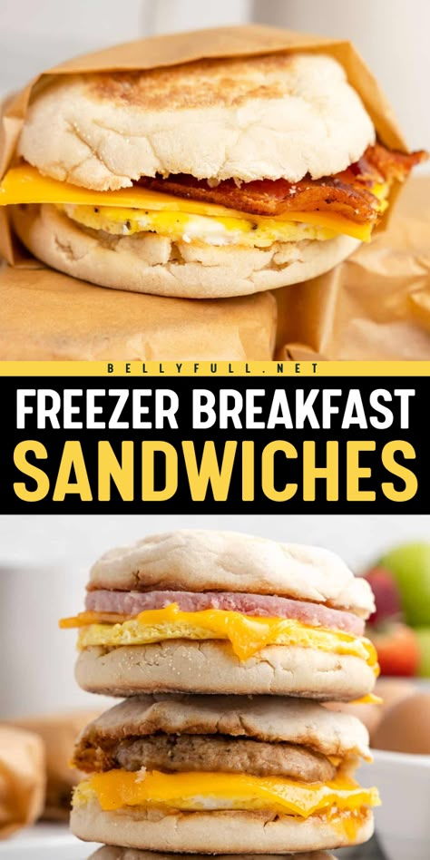 Start your day right with these Freezer Breakfast Sandwiches! These simple back to school recipes and breakfast on the go options are made with egg, cheese, your favorite breakfast meat, and an English muffin! Perfect for busy mornings! Frozen Breakfast Ideas Make Ahead, Freezer English Muffin Breakfast Sandwiches, Easy Freezer Breakfast Sandwiches, Meal Prep Egg Sandwich English Muffins, Homemade Jimmy Dean Breakfast Sandwich, Freezer Sausage Breakfast Sandwiches, Perfect Breakfast Sandwich, Bulk Freezer Breakfast, English Muffin Egg White Sandwich