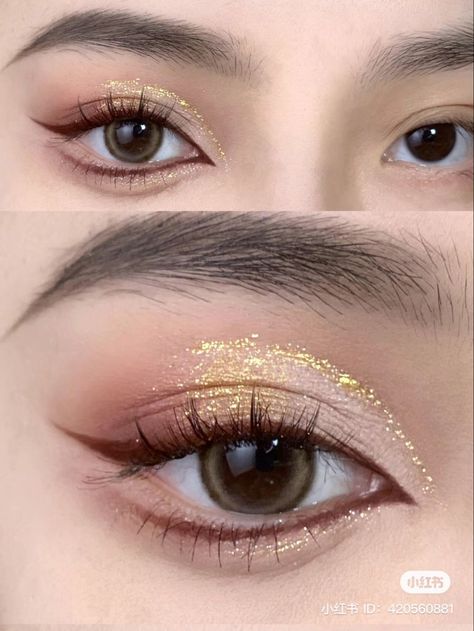 Gold Makeup For Hooded Eyes, Pink And Gold Douyin Makeup, Gold Makeup Hooded Eyes, Hooded Eye Douyin Makeup, Korean Hooded Eye Makeup, Golden Douyin Makeup, Korean Makeup Hooded Eyes, Gold Korean Makeup, Makeup For Double Eyelid