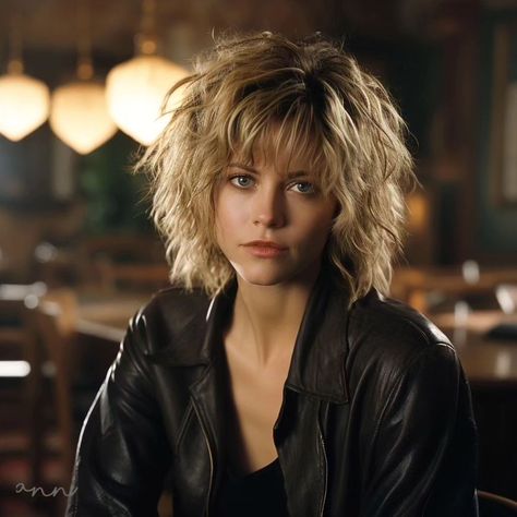 Spiky Shag Haircut, Short Layered Shag With Bangs, Razor Cut Shag, Curly Medium Length Hair, Meg Ryan Short Hair, Rock Star Hair, Meg Ryan Hairstyles, Rocker Hair, Short Blonde Bobs