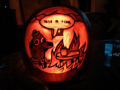 This is fine | by Medusacharm Science Pumpkin Carving, Carving Pumpkins Ideas, Funny Pumpkin Carving Ideas, Funny Pumpkin Carving, Pumpkin Inspo, Funny Pumpkin Carvings, Cute Pumpkin Carving, Pumkin Carving, Amazing Pumpkin Carving