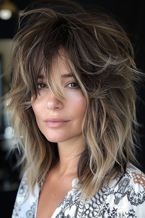 Bold and beautiful layered shag with dramatic volume for a 2024 style statement Brown Shag With Highlights, Highlighted Shag, Messy Shag Hairstyles, Uneven Bangs, Wind Blown Shag Haircut, Bombshell Shag, Voluminous Blowout, Shag Haircut 2024, Layered Shag