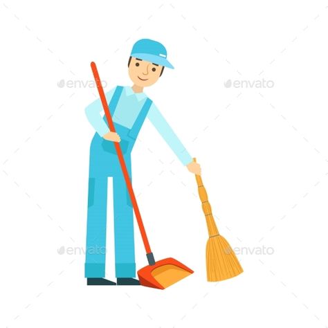 Man With Broom And Duster Sweeping The Floor, Cleaning Service Professional Cleaner In Uniform Cleaning In The Household. Person W Service Illustration, Sweeping The Floor, Cartoon Picture, Sweep The Floor, Man Vector, Professional Cleaners, Stencil Templates, Floor Cleaning, Cartoon Pics