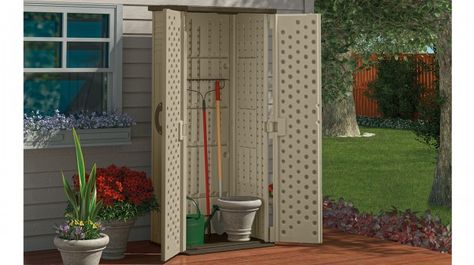 The vertical shed is a great option for outdoor equipment. #SuncastCorp… Suncast Storage Shed, Resin Sheds, Tool Shed, Resin Storage, Outdoor Essentials, Tool Sheds, Outdoor Storage Sheds, Vertical Storage, Shed Plans