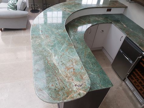 Turquoise marble bar top fabricated and fitted by Stone of Destiny, Unit 1, Lines Farm Estate, Parrock Lane, Colemans Hatch TN7 4HT 01342 822269 Unique Stone Countertops, Green Quartzite Kitchen, Unique Natural Stone Countertops, Stone Under Bar Counter, Onyx Bar Counter, Gem Stone Counter Tops, Kitchen Arch, Small House Design Kerala, Stone Of Destiny