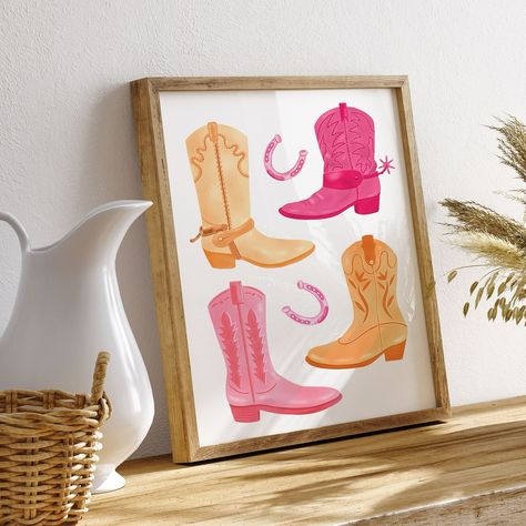 New Cowgirl Boots Art Print! Available in sizes 4x6 inch to A3. Yee Haw! https://sarahwillustration.etsy.com/listing/1764405960 #cowgirlboots #cowgirlbootscollection #cowgirlart #pinkandorange #westernstyle #westernhomedecor #gallerywallart #homedecor #artprintsforsale #artprint #colourfulillustration #illustratedprints #pinkboots #orangeboots Orange Boots, Yee Haw, Cowgirl Art, Pink Boots, Boot Print, Western Home Decor, Art Prints For Sale, Whittling, Cowgirl Boots