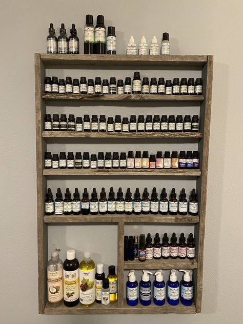 Shelf For Essential Oils, Essential Oil Set Up, Tincture Storage Ideas, Essential Oil Organization Storage Diy, Homeopathic Remedy Storage, Essential Oils Display, Tincture Storage, Essential Oil Display Ideas, Herbalism Aesthetic