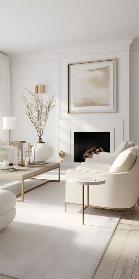 Step into the timeless elegance of a white living room, where the purity of design and a sense of openness converge to create a space that is both classic and versatile. The color white serves as the primary palette, imparting a bright and airy ambiance that effortlessly expands the visual space. | Discover more inspirations at caffelattehome.com Interior Design White Living Room, Ivory White Living Room, Neutral Style Living Room, All Cream Living Room, Beige White Gold Living Room, Neutral Modern Decor, Ivory Walls Living Room, Ivory Sofa Living Room, White And Gold Interior Design