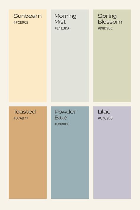 This color palette is bright, refreshing, and joyful. Its pastels and warm yellows and blues bring the joy of a spring and summer day. The blue and yellows tying into the sun and sky, and the green and purple grounding it to nature. The pastel shades invoke a sense of liveliness, warmth, and freedom. Cool Tone Pastel Color Palette, Cold Pastel Color Palette, Calm Pastel Color Palette, Spring Color Palette Pastel, Spring Pastel Palette, Spring And Summer Color Palette, Pretty Colour Combinations, Peaceful Colour Palette, Calming Color Pallete