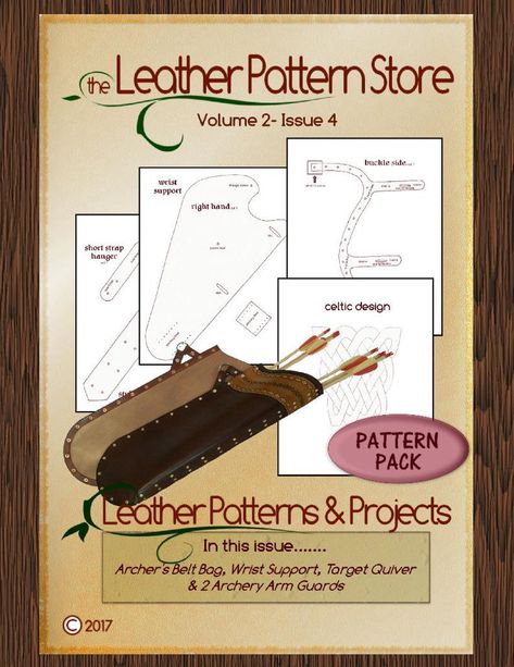 PATTERN Leather Patterns and Projects Volume 2 Issue 4 | Etsy Leathercraft Pattern, Diy Leather Working, Archery Accessories, Leather Patterns, Archery Target, Leather Craft Patterns, The Archer, Back Bag, Hand Drawn Pattern